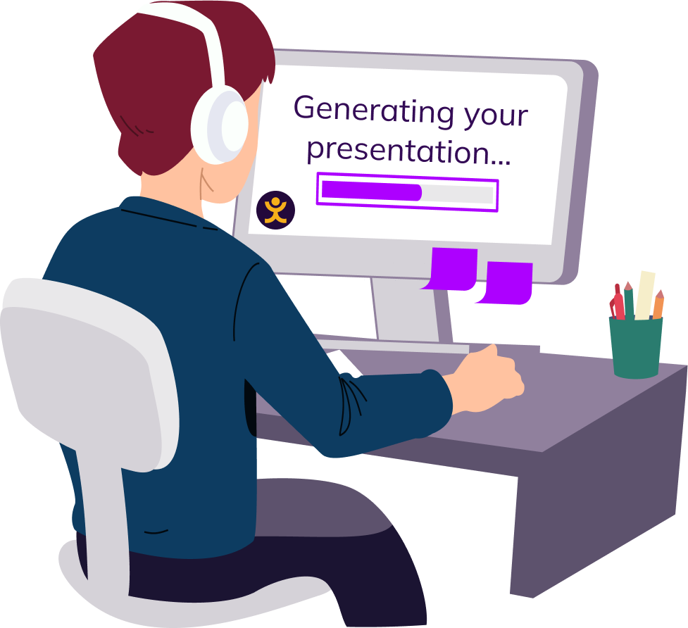 AI Presentation maker: Cartoon of someone generating a presentation using Sendsteps.ai